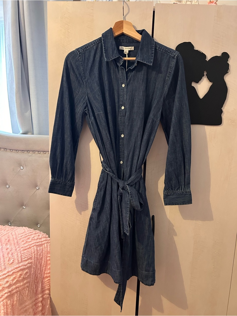 Womens Dark Blue Denim Shirt Dress with Tie Waist